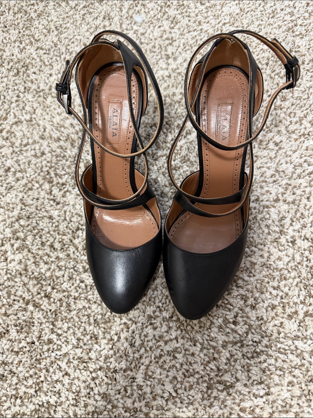 Alaia Black Leather Pointed Toe Double-Ankle Strap Pumps